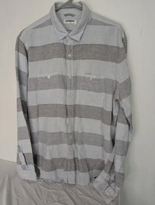Express Mens Linen Gray Stripes Shirt L Blue Y2K Vacation Resort Casual Cotton - Picture 1 of 11