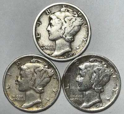 Moneda de diez centavos Mercury 1919, 1939 y 1942-S 90 % plata (ver descripción) Foto 1 de 2