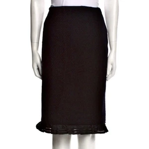 Vintage Oscar De La Renta Black Wool Tweed Silk Ruffle Pencil Skirt 10 - Picture 1 of 7
