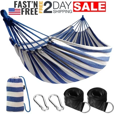 Hamaca De Algodon Azul y Blanco Para Exterior Árbol Camping Amaca Patios Adultos Foto 1 de 4