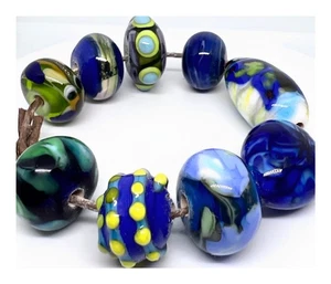 9 x unique Yummy Hand made blue & green Murano lamp Work glass Beads OOAK SRA - Picture 1 of 5