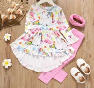 girls rainbow star unicorn hi-lo top & pink leggings set size 18-24m/2y/3y/4y/5y - Picture 1 of 12