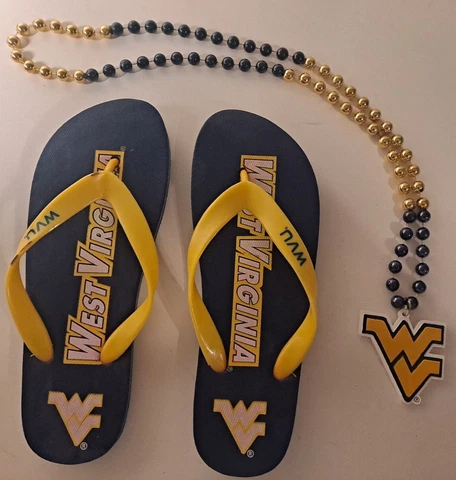 WVU West Virginia Mountaineers Flip Flops Women's 7/8 and Necklace Cover