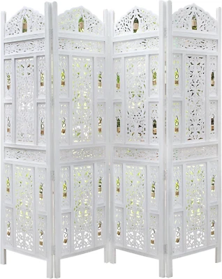 Room Divider Wood Screen - Ghanti Bells Antique White - 4 Panel Folding 72 X 80 - Image 1 of 4