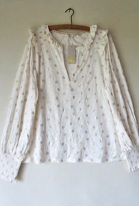 BNWT BODEN Notch Neck Smock Frill Jersey Top SZ 20, Ivory & Gold Motif - Picture 1 of 8
