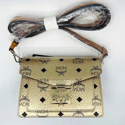 $910 MCM Patricia Mini Berlin Gold Coated Canvas Crossbody Bag MWRBAFO02T1001 - Image 1 of 4