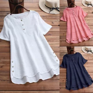Women Short Sleeve Summer Tunic Top Button Round Neck Casual Loose Solid Shirt - Picture 1 of 11