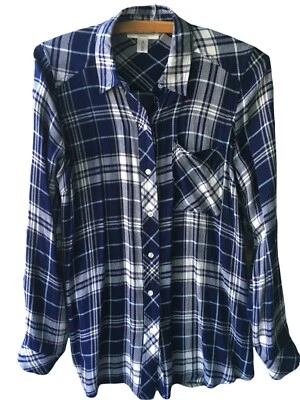 Motherhood Maternity top XS Plaid top Button Navy blue white Lightweight - Image 1 of 4