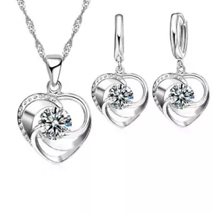 925 Sterling Silver Necklace & Earrings Set, Love Heart, Sweet Romantic Style - Picture 1 of 24