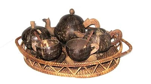 PACIFIC ISLAND COCONUT SHELL COFFEE/TEA SERVICE- 10 pc. Unique, Hand-Crafted - Picture 1 of 8
