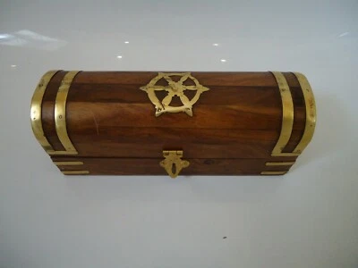  Treasure Sea Chest Wooden With Brass Ships Wheel -Marine Nautical Wood Gift Box - Image 1 of 4