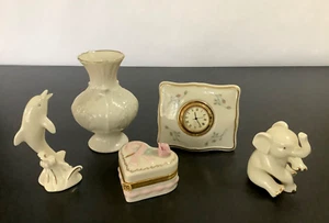 Lot of 5 VTG Lenox Trinket Box, Sitting Elephant, Dolphins, Small Clock & Vase - Picture 1 of 14