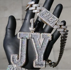 Men's 3" Big Custom JY Initial Name Baguette Round Cubic Zirconia Pendant Silver - Picture 1 of 5