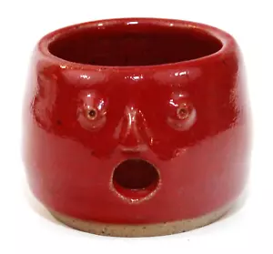 Art Pottery Candle Holder Round with Face Cutout Red Signed Vintage Funky - Picture 1 of 4