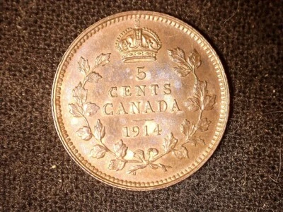 Canada 1914,  5 cents, old silver world coin #0167 toned Unc. - Image 1 of 2