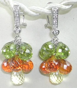STERLING SILVER  Earrings  Green Yellow & Cognac Quartz  Omega Backs Wedding - Picture 1 of 1