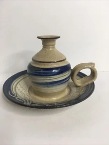 Studio Art Pottery Chamber Candle Holder Wheat Pattern Signed Blue & Earth tones - Picture 1 of 10