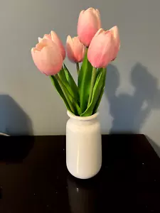 Artificial Pink Tulips Arrangement in White 7" Vase, 14.5" Tall NEW - Picture 1 of 7