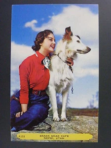 Nephi Utah UT Snack Shak Cafe Werbung Frau & Collie Hund Postkarte 1950er Vintage - Bild 1 von 2
