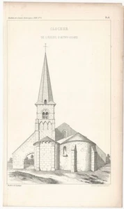 Campanario en Autry-Issard Francia Iglesia de la Santísima Trinidad 1849 grabado francés - Imagen 1 de 1