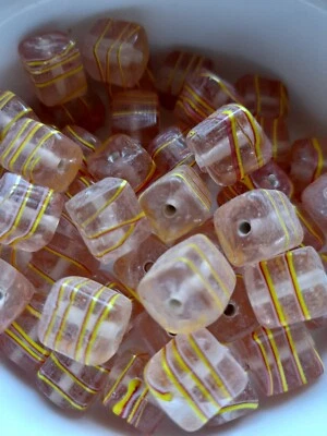 10x lampwork glass beads 12mm square peach with white yellow stripes (b1905) - Image 1 of 2