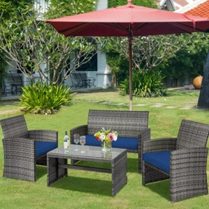 4PCS Patio Rattan Furniture Set Conversation Glass Table Top Sofa Cushioned Navy - Picture 1 of 12