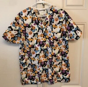 Peaches Womens Scrub Top ~ M ~ Halloween ~ Ghosts Pumpkins Bats ~ Cotton - Picture 1 of 7