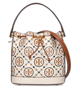 Tory Burch T Monogram Island Brown/Cream Contrast Embossed Small Bucket Bag - Picture 1 of 18