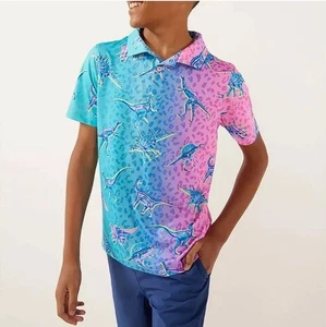 NEW YXL Chubbies Dino Delight Polo Shirt Neon Pink Blue Youth 18/20 Dinosaur - Picture 1 of 9
