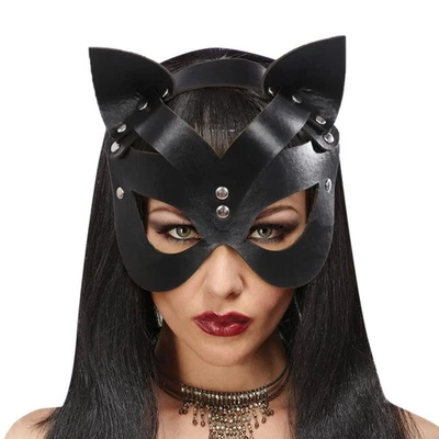 Women Faux Leather Masquerade Mask Black Goth Metal Fox Cat Eye Mask for Men ... - Image 1 of 4