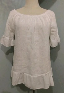 Italy Leinen Bluse weiß Rüschen romantisch Sommer Kurzarm feminin Strand S - Bild 1 von 12