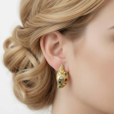 Pendientes de oro caracola concha de mar magnate náutico de colección circonita cúbica renacimiento con joyas Foto 1 de 4