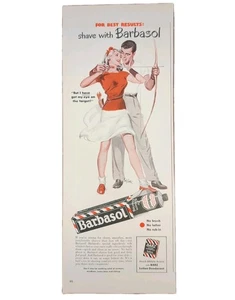 Anuncio vintage Barbasol 1950 estampado afeitado. Arte único, enseñanza de tiro con arco - Imagen 1 de 1