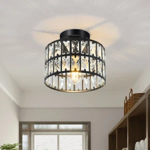 1 Light 9.05" Crystal Semi Flush Ceiling Light Black Finish for Bar,Dining Room - Picture 1 of 8