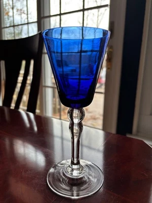 VINTAGE COBALT BLUE WINE GLASS WITH CLEAR STEM 7-5/8" HIGH - Image 1 of 4
