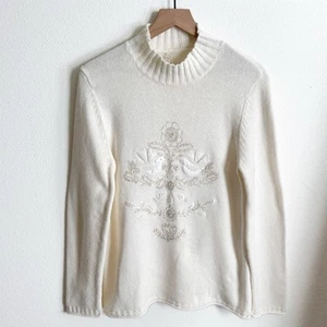 Coldwater Creek Sweater Womens Medium Ivory Embroidered Dove Country Cottagecore - Picture 1 of 20