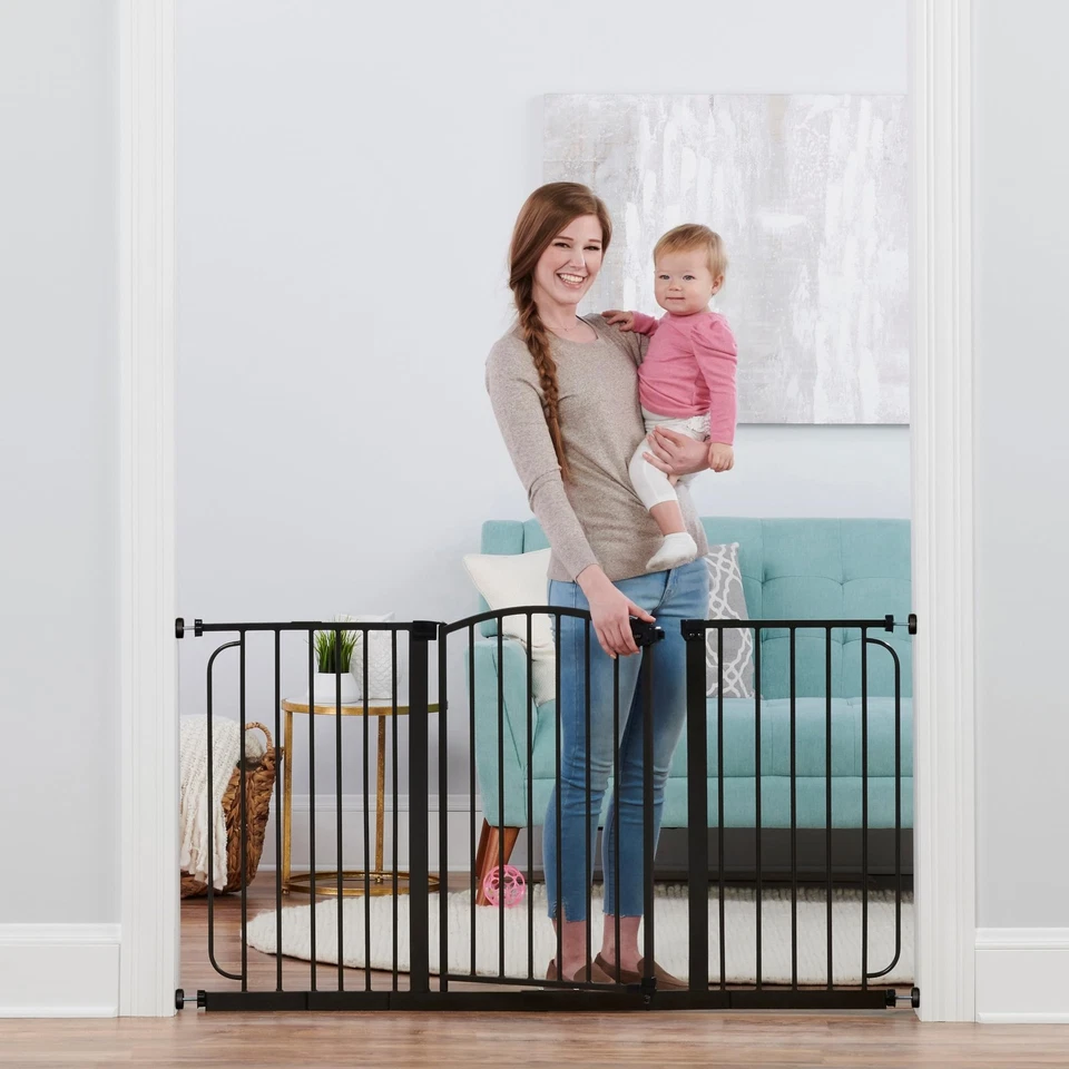 Metal Baby Safety Gate Extra Wide 58" Walk Through Easy Slide 30 Inch Tall Black