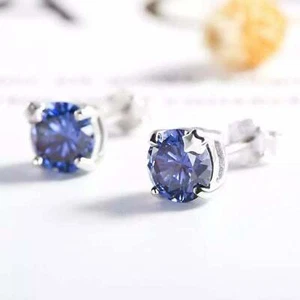 1ct Stud Earrings Natural Round Sapphire Solitaire Design 14k Solid White Gold - Picture 1 of 12