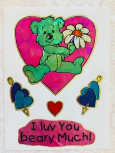 VTG Prism Sticker Love You Beary Much Bear Hearts Sheet - Picture 1 of 2