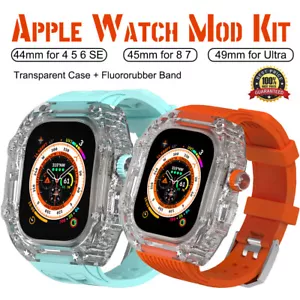 Kit mod custodia trasparente cinturino in gomma per Apple Watch Ultra2 49 mm SE 9876 44/45 MM - Foto 1 di 73