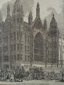 LONDRES NUEVAS CASAS DEL PARLAMENTO Pórtico de San Esteban estampado victoriano original 1854 - Imagen 1 de 2