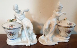 Pair Antique 18th 19th c Nymphenburg German Porcelain Figurines Sweatmeat Dishes - Picture 1 of 10