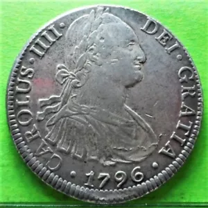 aXF, CARLOS IV, 8 Reales, 1796, MEXICO -FM,, Silver, SPANISH COLONIAL. - Picture 1 of 2