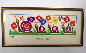 vintage whimsical snails on parade floral "Desfile" numbered framed mini art - Picture 1 of 9