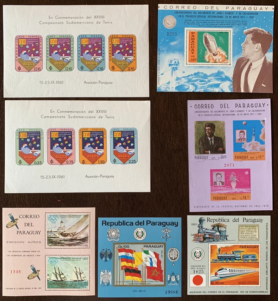 PARAGUAY SOUVENIR MINI SHEETS STAMP LOT JFK, TENNIS, PAINTINGS, FLAGS, TRAINS - Image 1 of 4