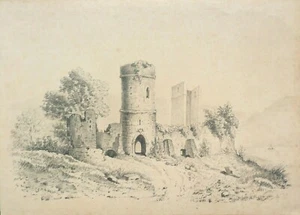 Dessin au crayon 19e siècle Chateau en ruine vers 1840 - Imagen 1 de 2