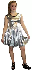 VESTIDO METÁLICO BRILLANTE PVC PLATA GRASA WETLOOK ROCKABILLY SWING SIN MANGAS RAVE - Imagen 1 de 11