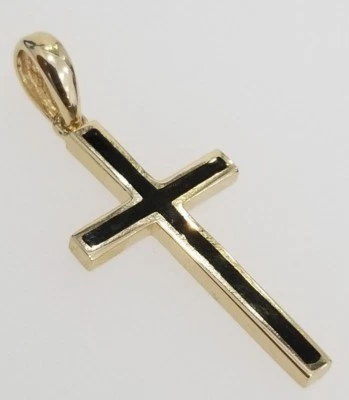 Dije colgante pequeño pequeño pequeño de doble cara con cruz religiosa lisa de ónix de oro amarillo de 14 quilates Foto 1 de 4