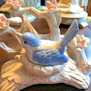 Lovely Bluebird in Nest on Tree Branch with Pink Flowers - Picture 1 of 9