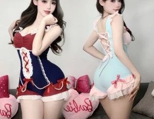 Japanese Womens Lolita Kawaii Cute Jumpsuit One-Piece Strap Bow Swimsuit Sexy - Picture 1 of 8